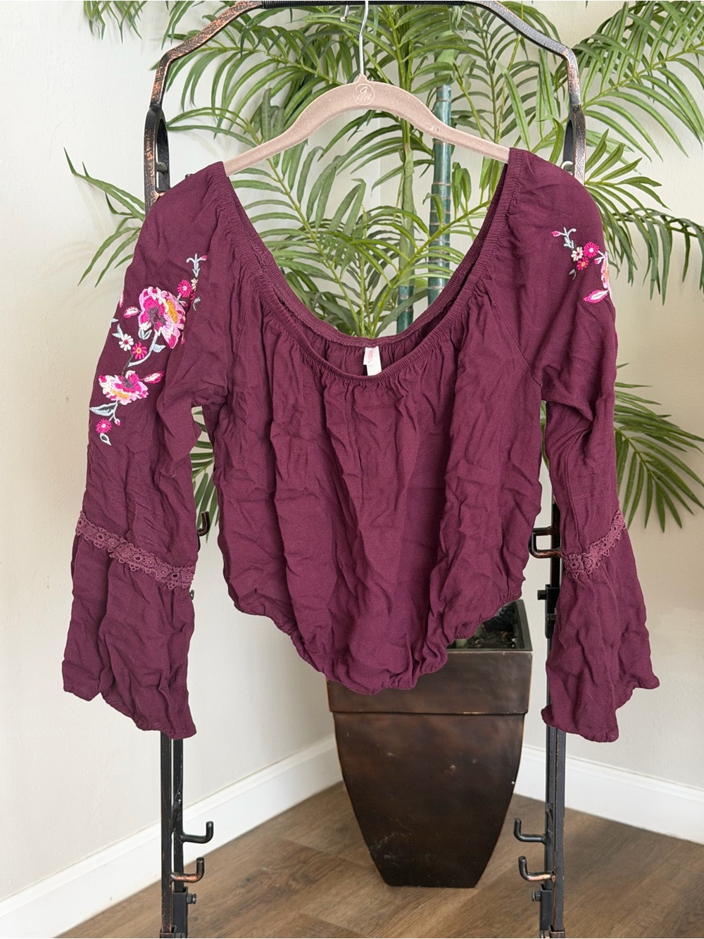 Xhilaration Plum Embroidered Peasant Blouse